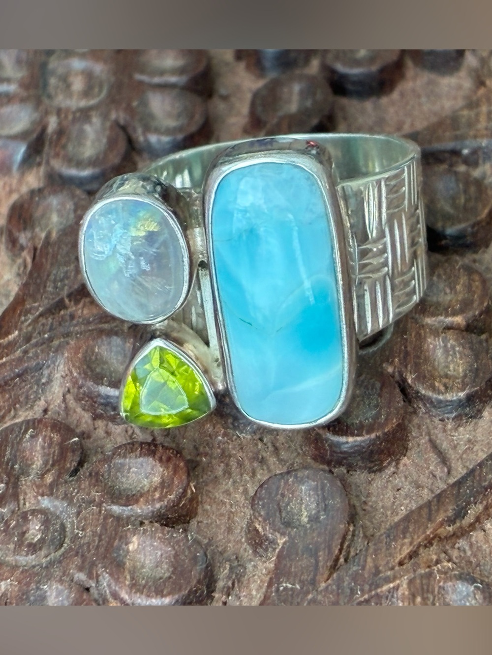 Larimar Moonstone & Peridot Wide Band (925) Ring